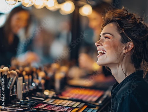 A smiling woman's portrait captured in a beauty studio, surrounded by makeup tools. A joyful moment reflecting in the mirror, hinting at the artistry in progress.
