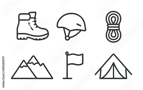Outdoor adventure icons: hiking boots, helmet, climbing rope, mountains, flag, tent