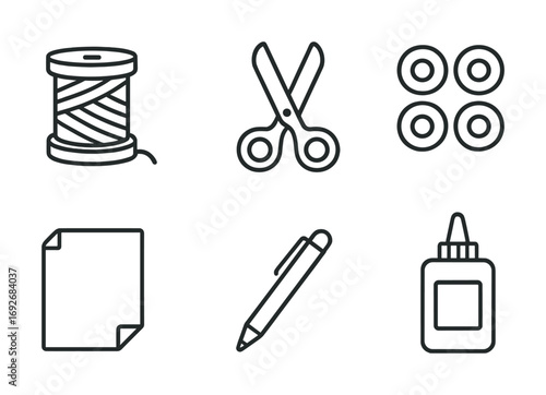 Craft supplies icons: thread, scissors, buttons, paper, pen, glue - minimalist design
