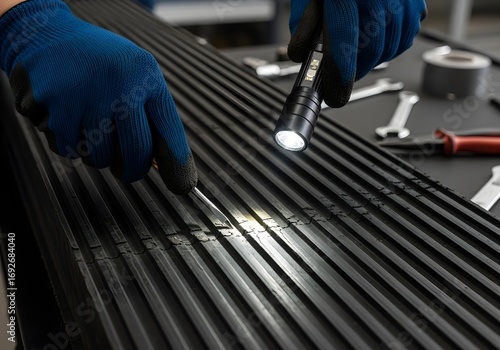 Maintenance Worker Inspecting Conveyor Belt Tread