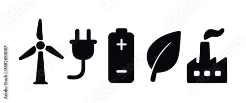 Sustainability icons: wind turbine, plug, battery, leaf, factory silhouettes
