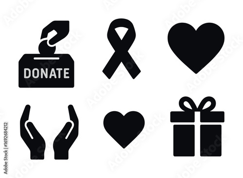 Charity symbols: donation box, awareness ribbon, heart, helping hands, gift icon set