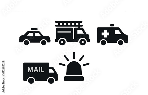 Emergency vehicles and siren icons: police, fire, ambulance, mail symbols