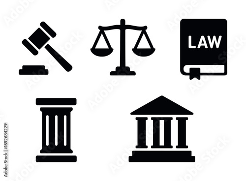 Law symbols: gavel, scales of justice, law book, column, courthouse icons