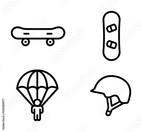 Outline icons of skateboard, snowboard, parachuting, and helmet for extreme sports