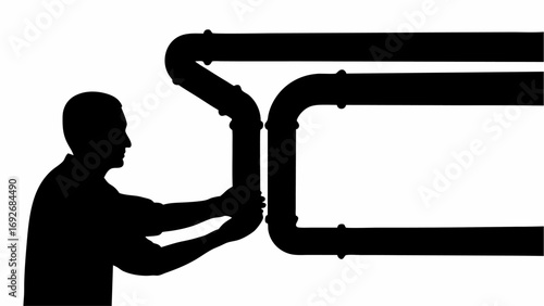 Silhouette of a man connecting black pipes with fittings in a plumbing or construction scenario depicted
