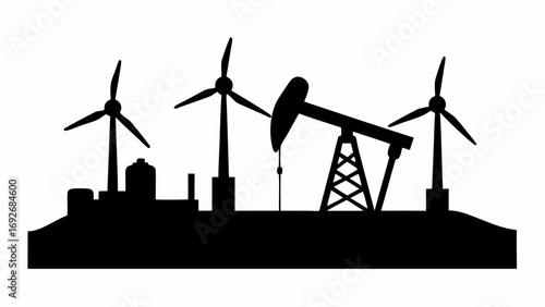 Silhouette of wind turbines oil pump and industrial buildings on a landscape against a white background
