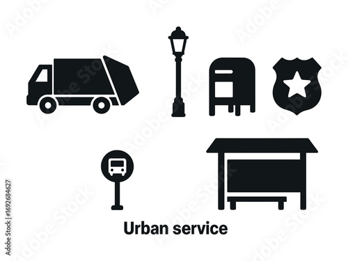 Urban service icons: garbage truck, streetlight, mailbox, police badge, bus stop