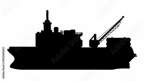 Silhouette of a large cargo ship with a crane and tall mast against a white background in monochrome style