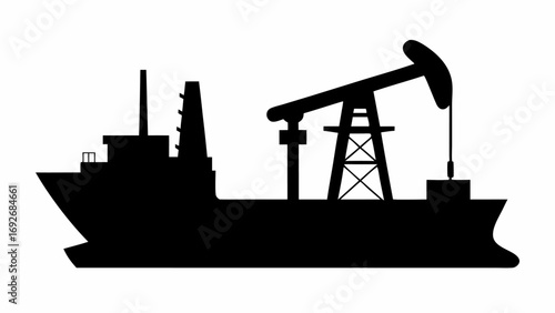 Silhouette of an oil tanker ship with an oil pump jack on deck against a white background shows industry