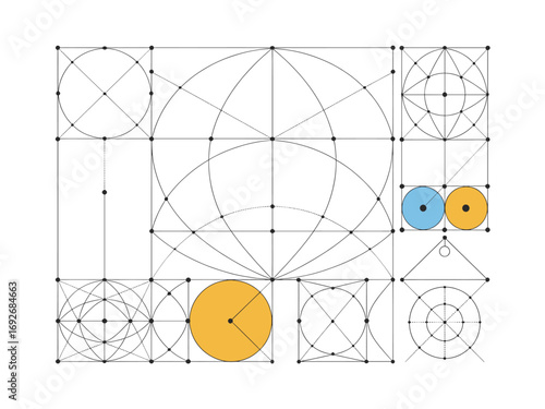 Geometric Harmony: An Abstract Arrangement of Squares, Circles, Lines, and Dots, Inspired by Architectural Blueprints and Technical Drawings, Enhanced with Blue and Gold Tones