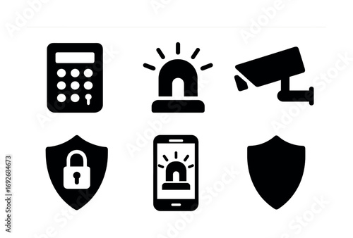 Security alert icons: calculator, surveillance, alarm, shield, lock smartphone