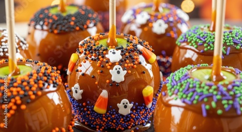 Delicious caramel apples decorated for halloween with candy and colorful sprinkles