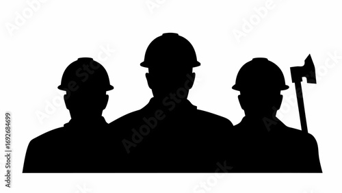Silhouette of three construction workers in hard hats with one holding an axe on a white background scene
