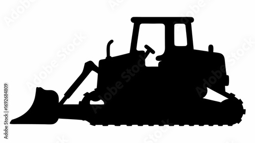 Silhouette of a bulldozer with a front blade and visible tracks used in construction and earthmoving work