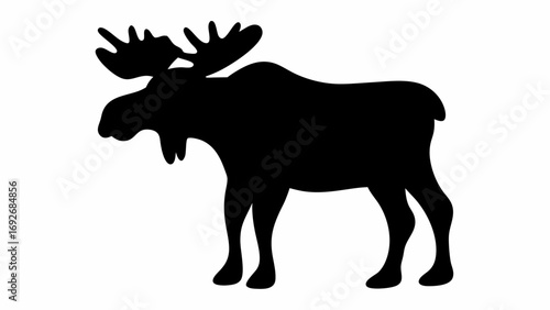 Silhouette of a moose with large antlers standing against a white background in a simple illustration