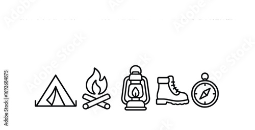Camping essentials icons: tent, campfire, lantern, boot, compass