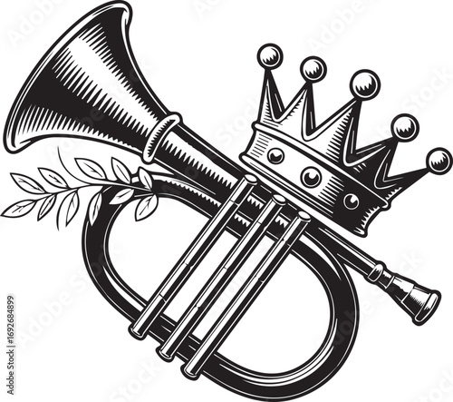 Ornate hunting horn with royal crown and laurel wreath emblem