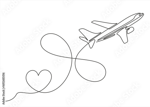 Continuous one line drawing of airplane path in symbol of infinity and heart form. One single line airplane route aircraft with heart shaped trace.  Hand drawn one line vector. Editable stroke