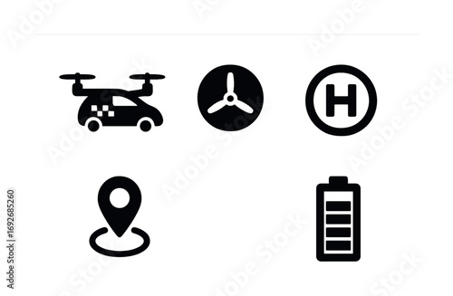 Drone technology symbols: drone, propeller, helipad, location marker, battery icon