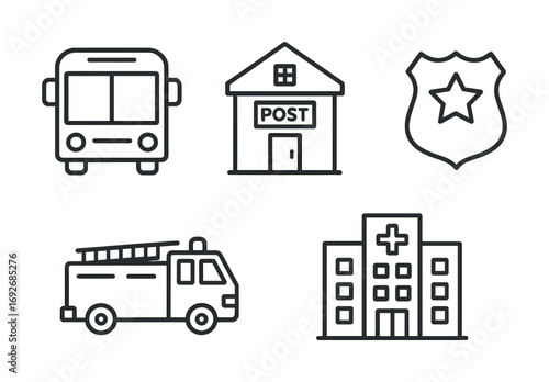 Outline icons of bus, post office, police badge, fire truck, and hospital
