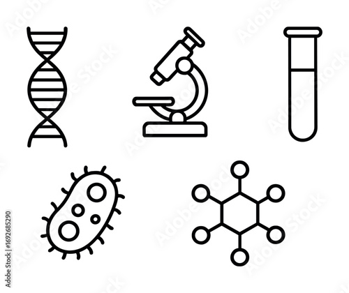 Science icons: dna strand, microscope, test tube, bacteria, molecule structure