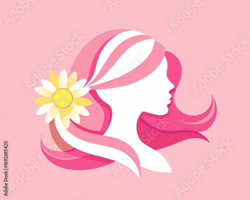 Stylized silhouette of a woman with pink hair and a daisy