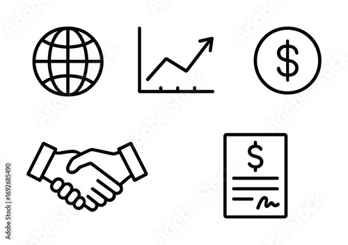 Global business growth icons: globe, chart, dollar sign, handshake, contract