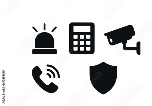 Security and communication icons: alarm, calculator, camera, phone, shield symbols
