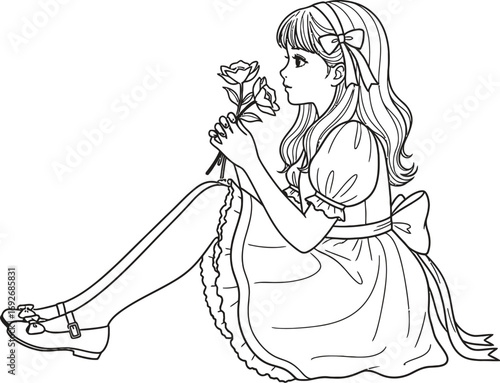 Coloring page of girl smelling roses drawing vector illustration