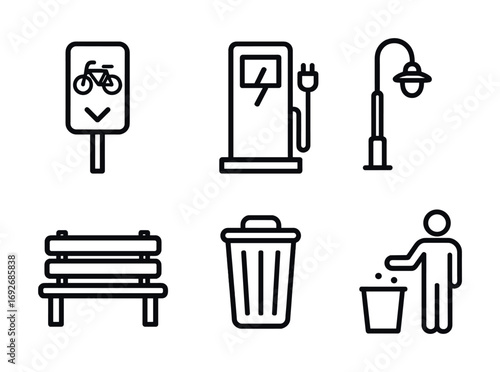 Urban elements: bicycle sign, electric pump, lamp post, bench, trash bin, person icon
