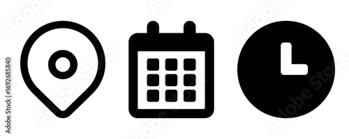 Date, Time and Location Pin Vector Icon Set. Map Marker, Clock, Calendar Event Icons Bundle in Transparent Background Svg and Png