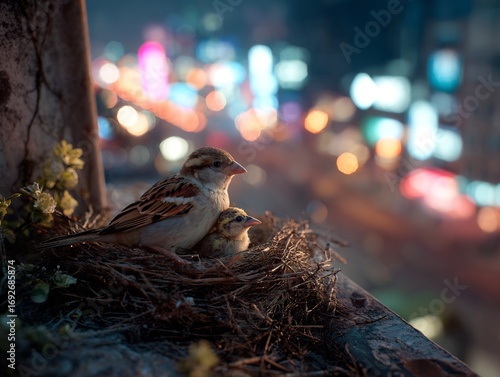 Hyper realistic sparrow feeding chick nest built on urban balcony blurred city lights glowing in background