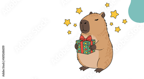 Adorable capybara holds a festive gift surrounded by sparkling stars wishing holiday joy