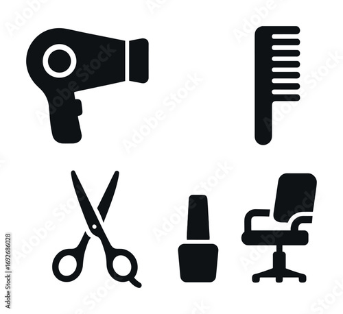 Hair salon tools icons: hairdryer, comb, scissors, nail polish, chair