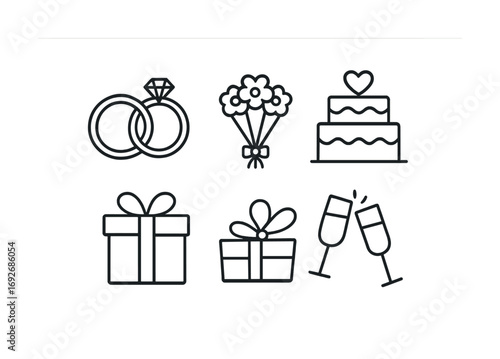 Wedding icons: rings, bouquet, cake, gifts, and toasting glasses