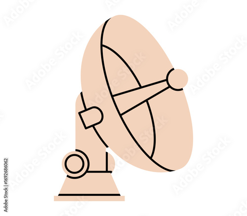 Hand drawn cute illustration of satellite dish. Flat vector wave antenna doodle. Communication wireless device icon. Receive or transmit information. Radio or television station sticker. Isolated.