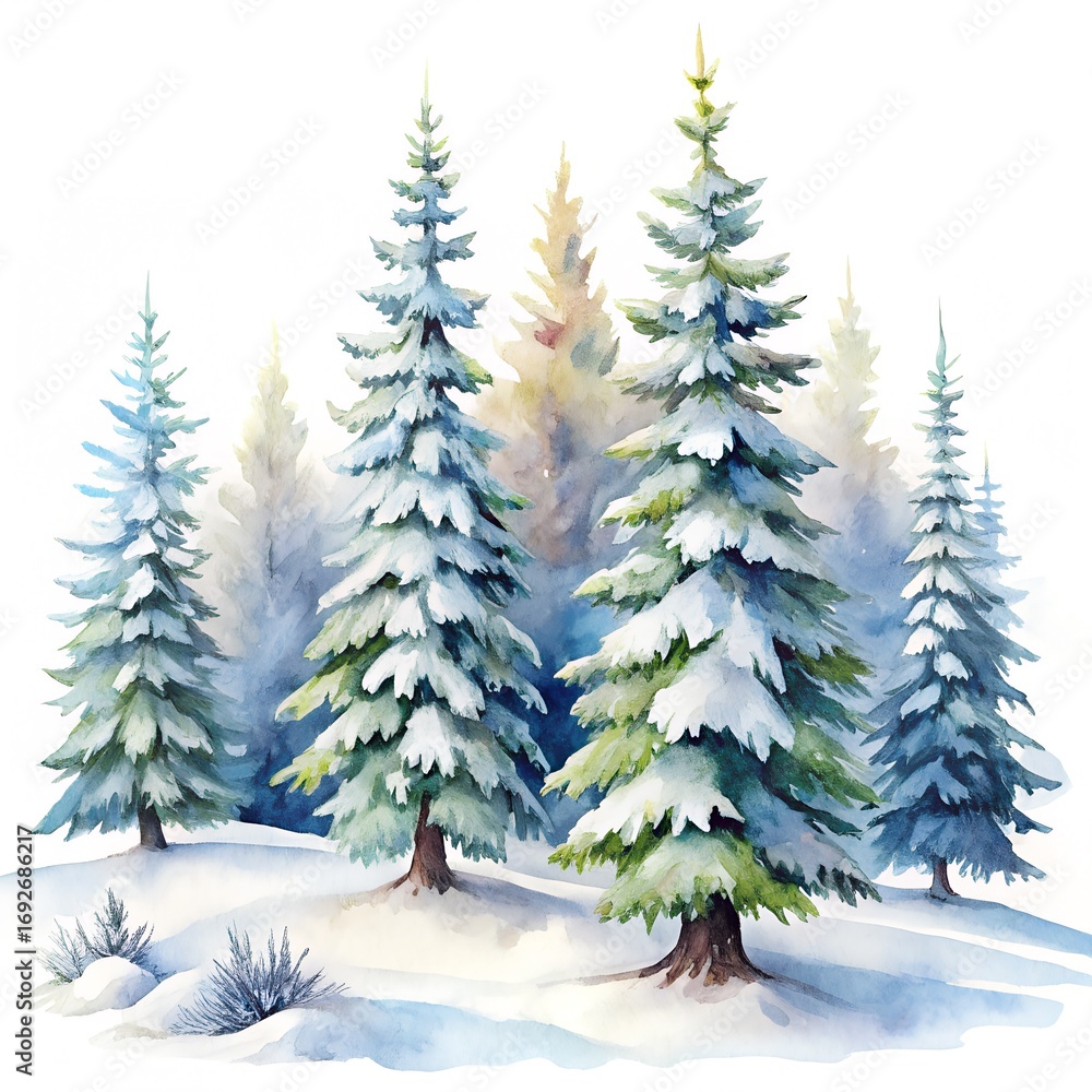 Obraz premium A beautiful watercolor painting of snow-covered pine trees in a forest, creating a serene winter landscape scene, isolated on white background
