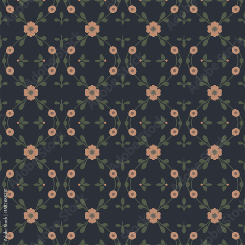 Seamless dark navy background floral pattern with delicate pink flowers and green leaves perfect for fabric wallpaper wrapping paper and elegant interior design projects