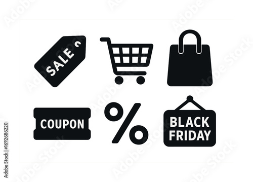 Black friday shopping icons: sale tag, cart, bag, coupon, discount percent