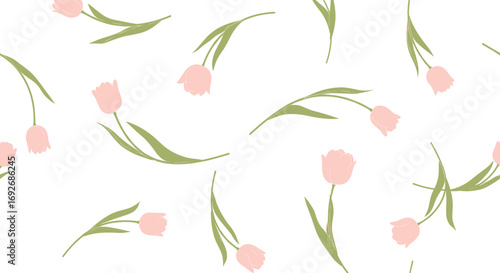 Delicate pink tulips scattered across a clean white background seamless pattern design