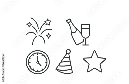 New year's eve celebration icons: fireworks, champagne, party hat, clock, star