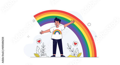 A person with outstretched arms standing beneath a vibrant rainbow showcasing diversity and inclusion celebration