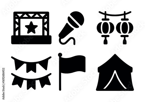Festival elements: stage, microphone, lanterns, banners, flag, tent icons