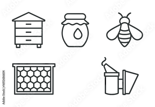 Beekeeping equipment outline: hive, honey jar, bee, frame, smoker icons