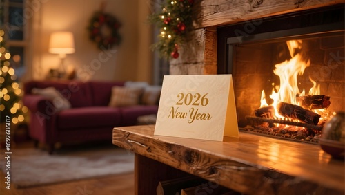 2026년신년카드와벽난로가있는따뜻한거실