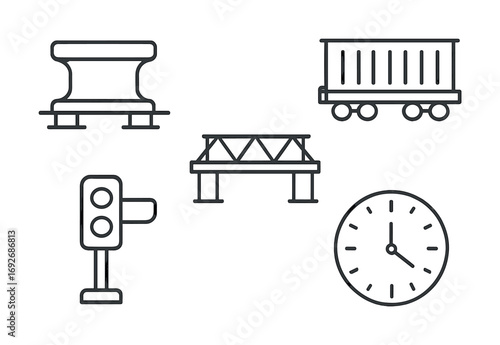 Outline icons of train, railway, clock, and traffic signal elements