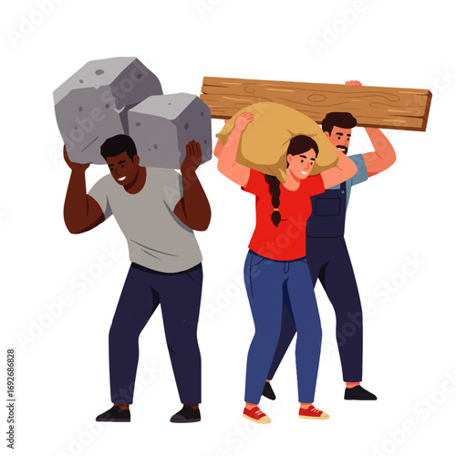 Three people working together, carrying heavy loads: one man carries rocks, a woman carries a sack, and another man carries a wooden plank.
