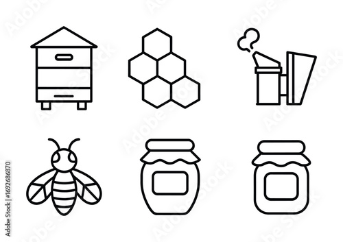 Beehive icons: beekeeping, honeycomb, smokers, bees, and jars