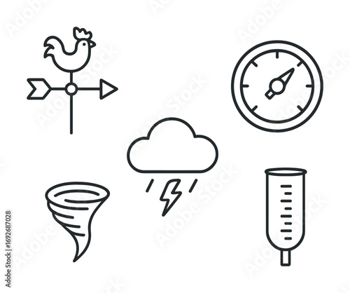 Weather icons set: weather vane, barometer, tornado, cloud with lightning, rain gauge